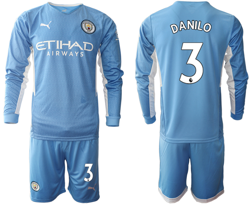 Men 2021-2022 Club Manchester city home Light blue Long Sleeve #3 Soccer Jersey->manchester city jersey->Soccer Club Jersey